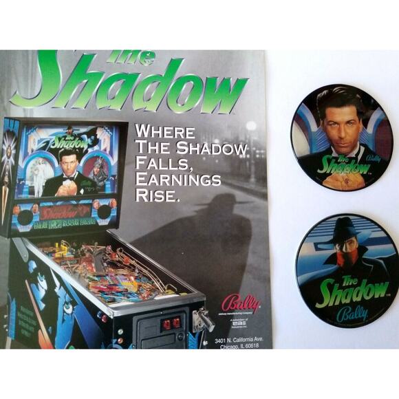 The Shadow Pinball FLYER and 2 Promos Alec Baldwin Plastic Coasters Original NOS - Picture 2 of 5